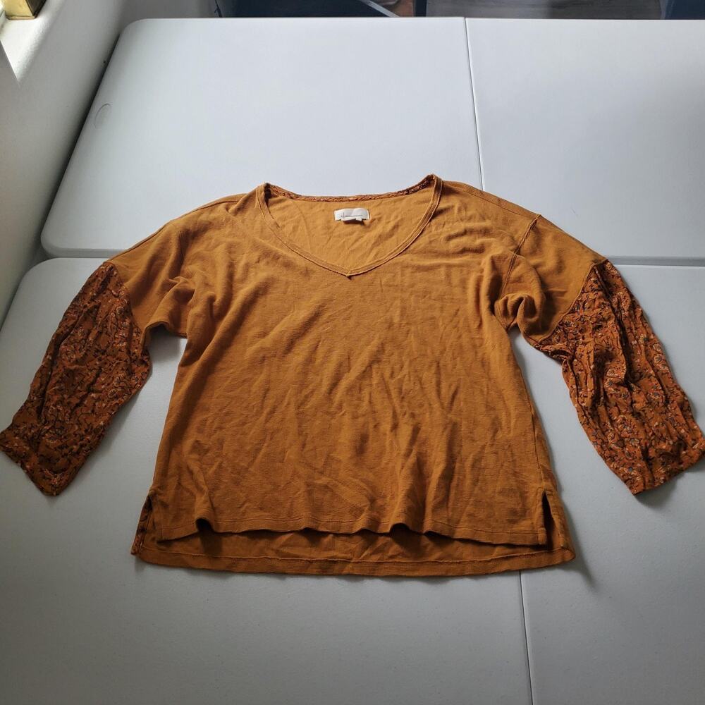 Anthropologie Blouse Womens Medium Orange V Neck Floral Balloon Sleeve Top Boho